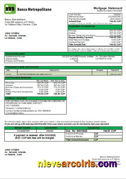 Cuba Banco Metropolitano bank mortgage statement
